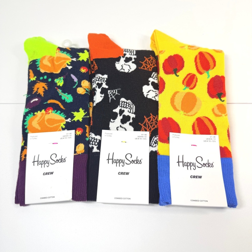 Happy Socks Crew Socks Men 8-12 Multicolor Halloween Thanksgiving Skulls Turkey